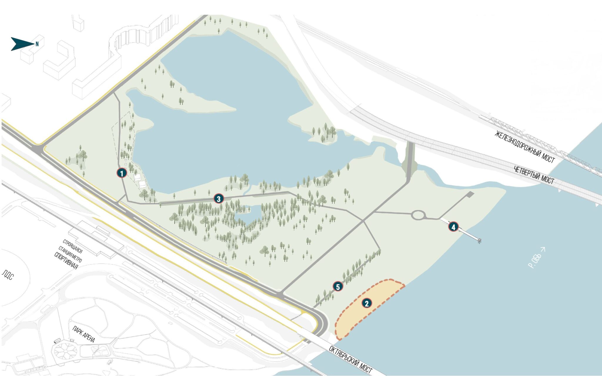 Ситуационный план 2021 года – 1. Территория отдыха «Пикниковый рай» 2. Городской пляж «Наутилус» (положение до расположения на территории временной строительной площадки) 3. Дамба 4. Пристань 5. Тополиная аллея