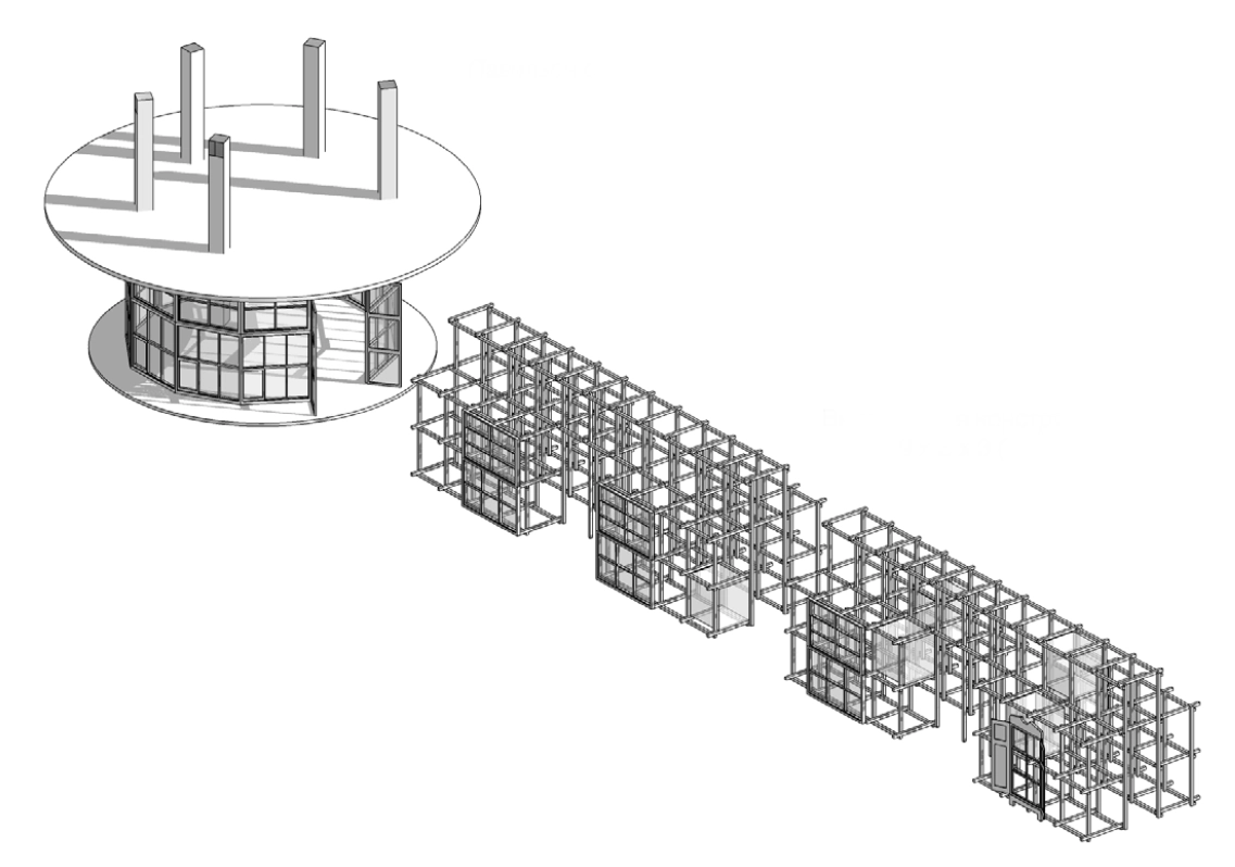 Павильон с перископами, лекторий d=8 м и выставочная конструкция, 9 х 3 х 3 (h) м